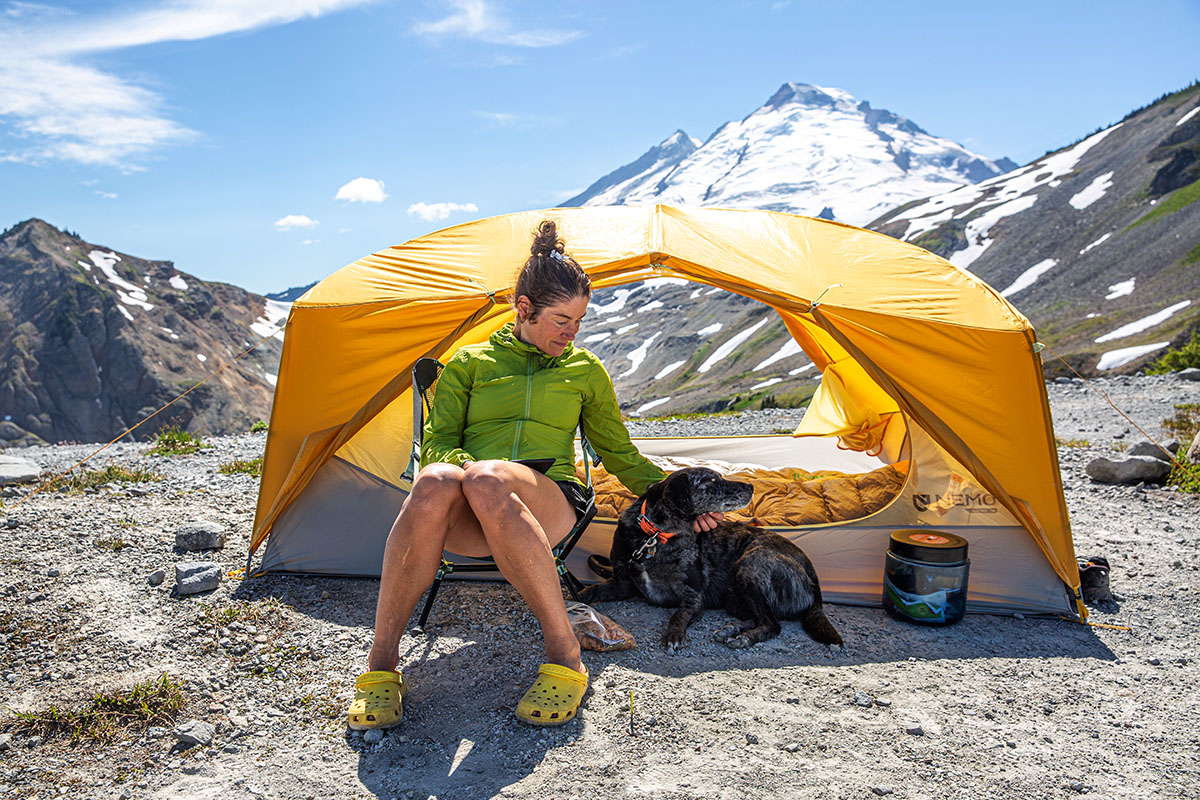 Backpacking tent (sitting outside Nemo Aurora 3P in alpine)